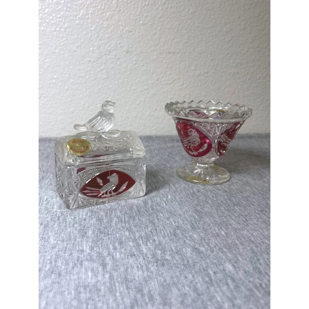 Bleikristall German Crystal Bird Set Trinket Box Vase Bowl Red Clear 3pc